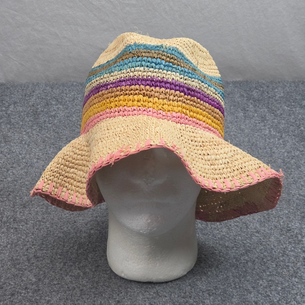 Wyeth Straw Sun Hat Womens OS Tan Multi Color Striped UPF 50 Beach Summer Boho